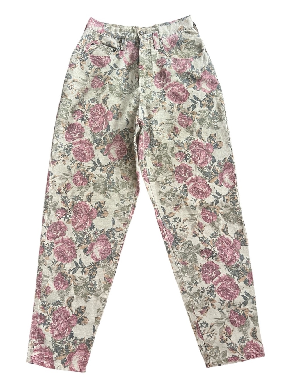 Express EXP Floral Rose Cottagecore Boho Woven Pants Hipster VTG Beige SZ 7/8 - Picture 6 of 11